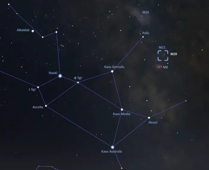 how to find the trifid nebula,where is the trifid nebula in the sky,messier 20 location