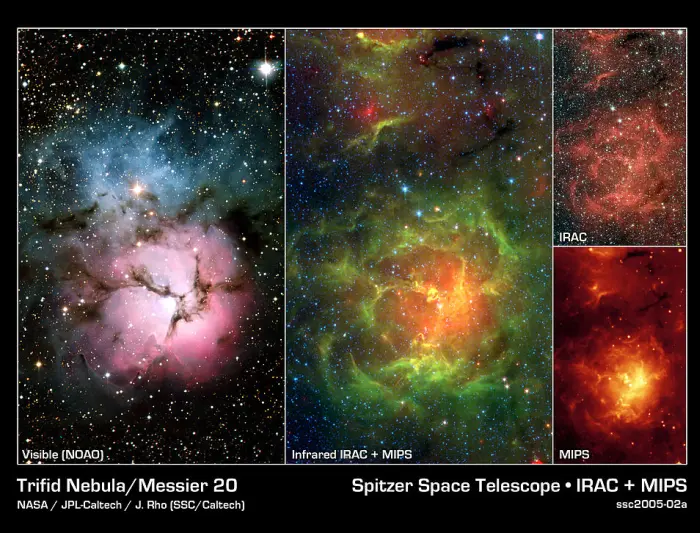 trifid nebula visible and infrared images compared